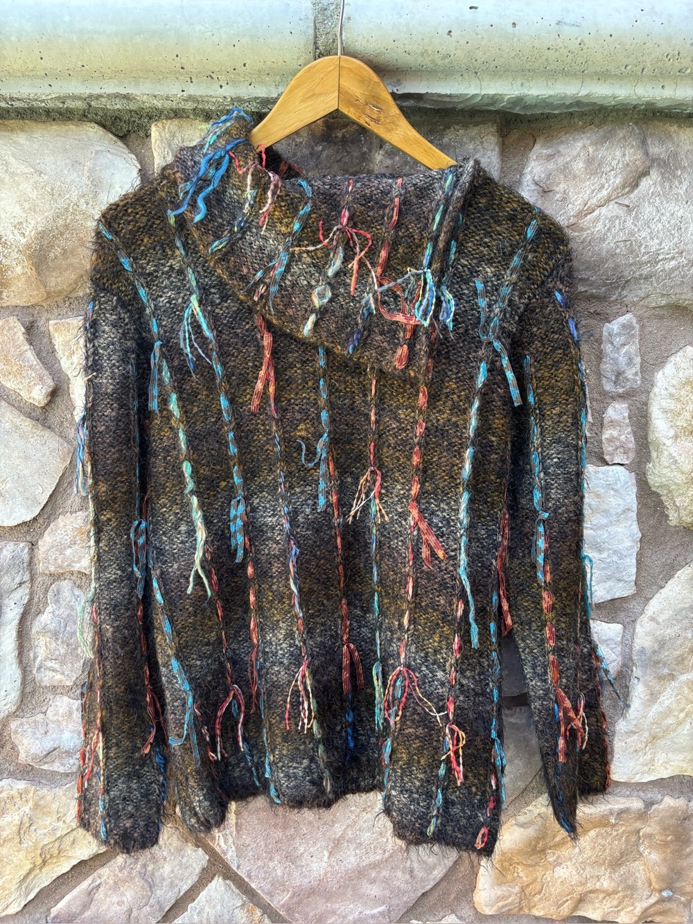 Chico's Textured Knit Fringe Sweater Mohair Blend Multicolor Ribbon Boho Cowl M